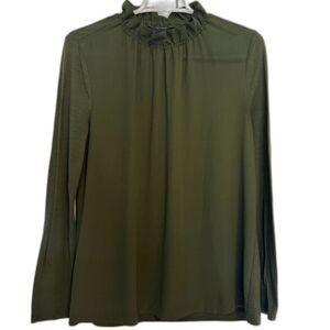 Ann Taylor Ruffle Smocked Neck Long Sleeve Green Top Blouse, Size S